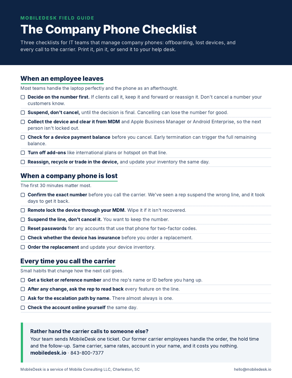 Preview of The Company Phone Checklist: three checklists covering offboarding, lost devices and carrier calls