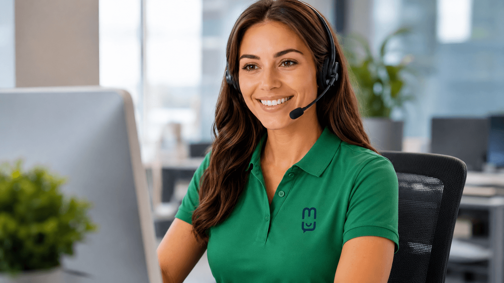 A MobileDesk support specialist in a green branded polo, wearing a headset and smiling at her desk