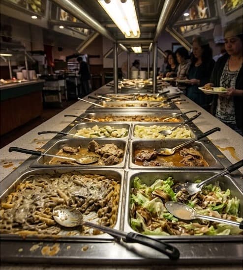 A picked-over self-serve buffet line