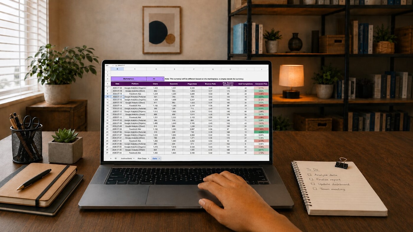 A laptop on a desk displaying a data spreadsheet