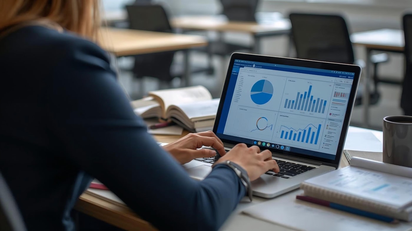 A person working at a laptop showing charts and graphs